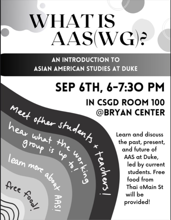 DukeAASWG's tweet image. we’re putting the swag back in aasw(a)g 😎😎 come hang out with us at this year’s first workshop!! we’ll be exploring the histories of asian american studies, the development of aaswg, &amp;amp; the limits of institutionalized study. tuesday @ 6!! dinner provided &amp;amp; everyone welcome &amp;lt;3