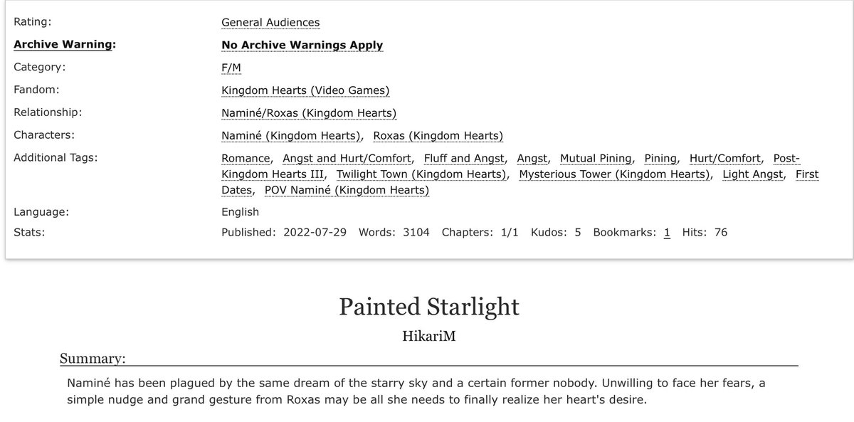 RenaAlarie's tweet photo. Happy #rokunamiweek2022 day 5 longing/timing! Not long ago I did a deep dive into my early KH2 feels for some #rokunami fanficton. Let’s celebrate these two with some longing, a starlight date, and confessions 💖#KingdomHearts #rokunamiweek
https://t.co/LGtiRgu1WE https://t.co/uyqrlmEjBV