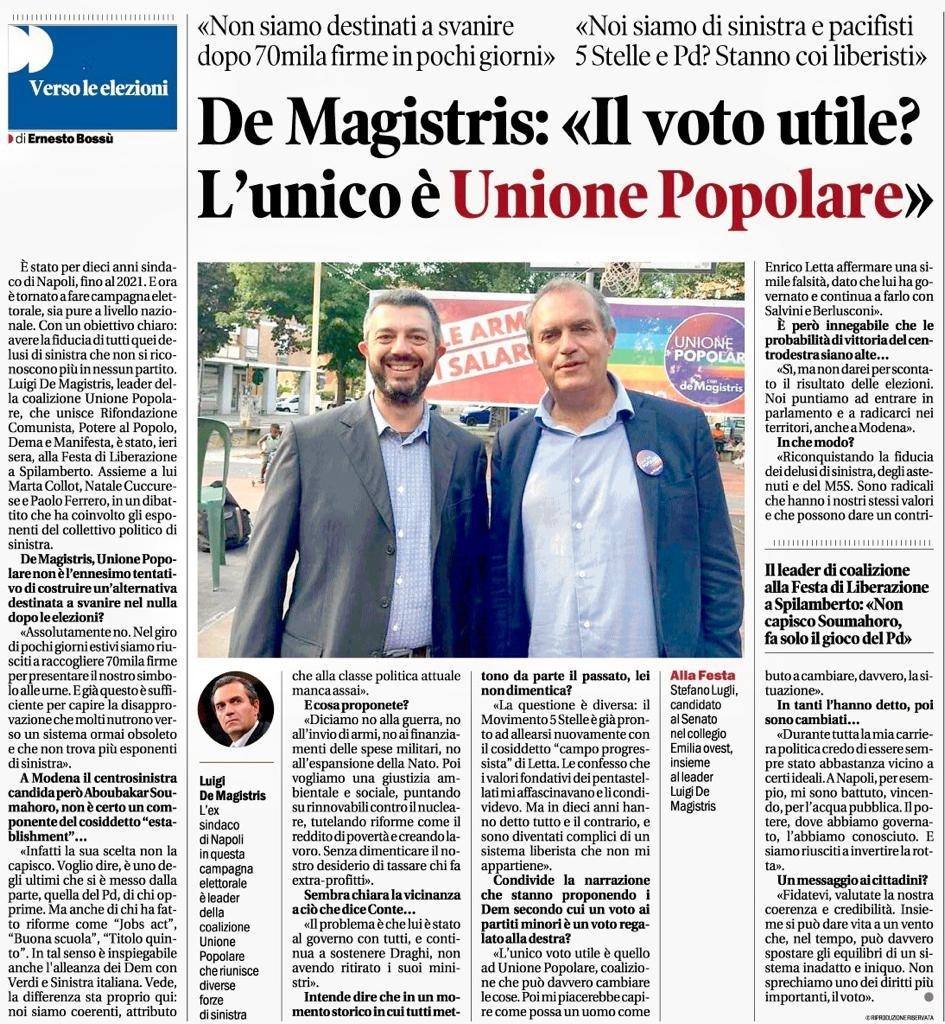 LugliSte's tweet photo. Grazie alla @gazzettamodena e a Ernesto Bossù per questa bella intervista a @demagistris in occasione della sua partecipazione alla festa di @direzioneprc di Spilamberto che ci permette di spiegare il progetto politico e le priorità di @unione_popolare #uniamoci #agendaRobinHood https://t.co/MEbOgFrs7J