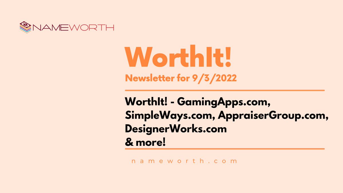 WorthIt! - 33 domains today including GamingApps․com, SimpleWays․com, AppraiserGroup․com, DesignerWorks․com

nameworth.com/newsletter.php…

#domains #domainsforsale