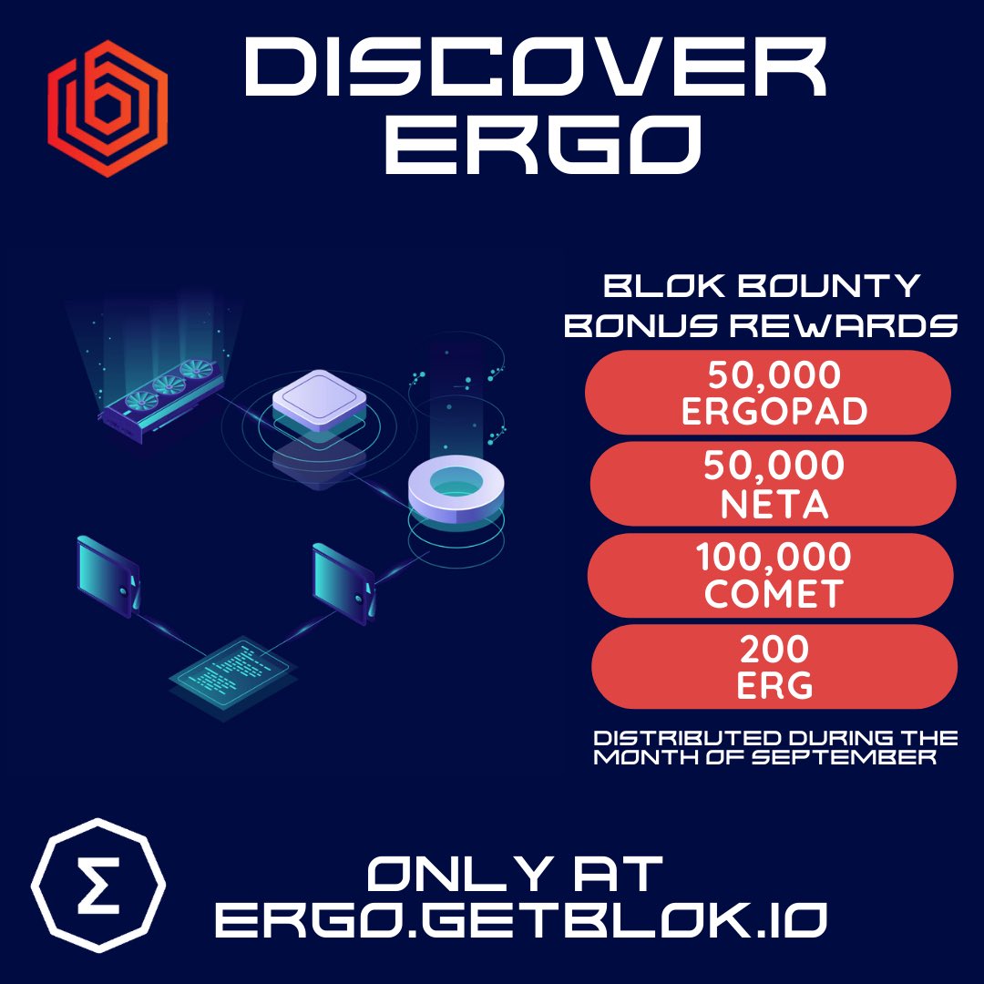 GetBlok_io's tweet photo. #GPU miners, be sure to #DiscoverErgo by mining on https://t.co/AaLBlBBwuy during the month of September. We are giving away $ERG, $NETA, $ERGOPAD, and $COMET in the form of Blok Bounties for the upcoming #EthereumMerge
Also Fee Free #Ergo mining ๐
https://t.co/TSicxH7ZDR https://t.co/tDzK9MJtA1