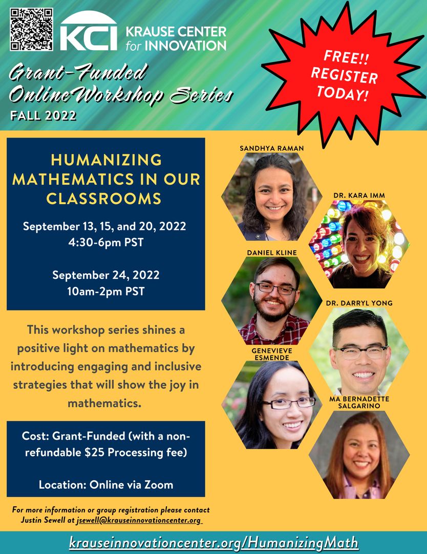krausecenter's tweet photo. KCI's "Humanizing Mathematics in Our Classrooms" series shines a positive light on mathematics by introducing engaging and inclusive strategies that will show the joy in math! Workshops available via Zoom &amp; start on Sept. 13th!

Register today: https://t.co/uZJoyFQS1M

#MathEdu https://t.co/DFmADpbylN