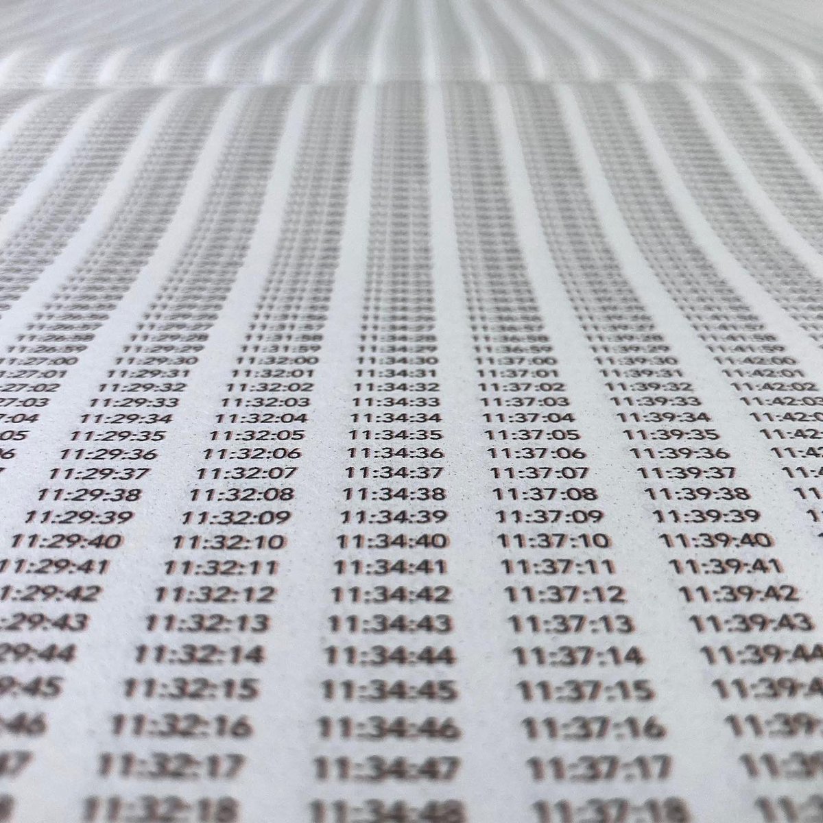 New edition available from guybigland.com 
This work presents every second of the day according to international standard notation ISO 8601. The notations have been arranged to fit within a standard broadsheet newspaper format, a publication associated with daily record