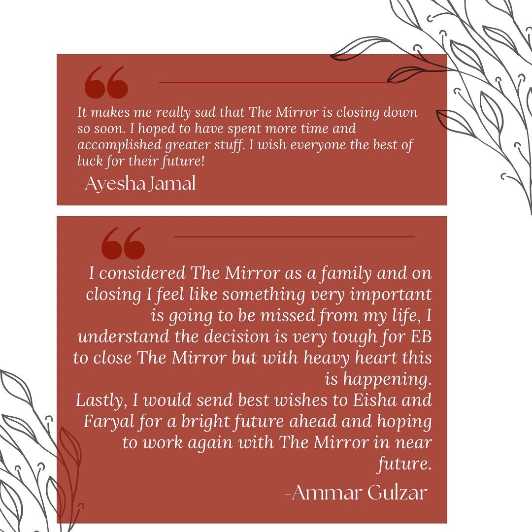 TheMirrorPk's tweet photo. As a trip towards The Mirror’s end, let’s hear it from our alumni and members about their sentiments for the The Mirror closing down. 

We loved reading your responses, everyone ✨ https://t.co/fw7GuQGFEM