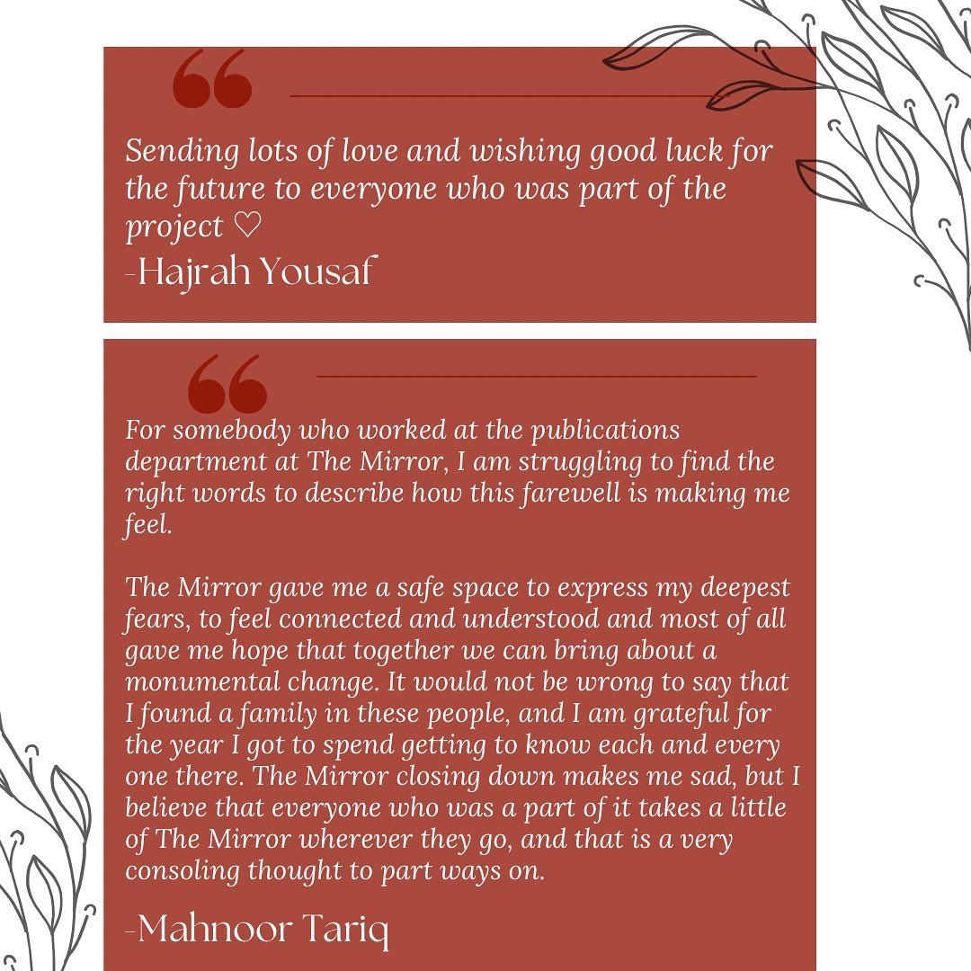 TheMirrorPk's tweet photo. As a trip towards The Mirror’s end, let’s hear it from our alumni and members about their sentiments for the The Mirror closing down. 

We loved reading your responses, everyone ✨ https://t.co/fw7GuQGFEM