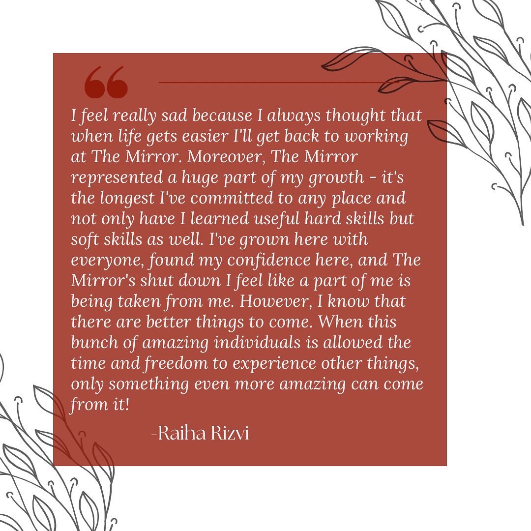 TheMirrorPk's tweet photo. As a trip towards The Mirror’s end, let’s hear it from our alumni and members about their sentiments for the The Mirror closing down. 

We loved reading your responses, everyone ✨ https://t.co/fw7GuQGFEM