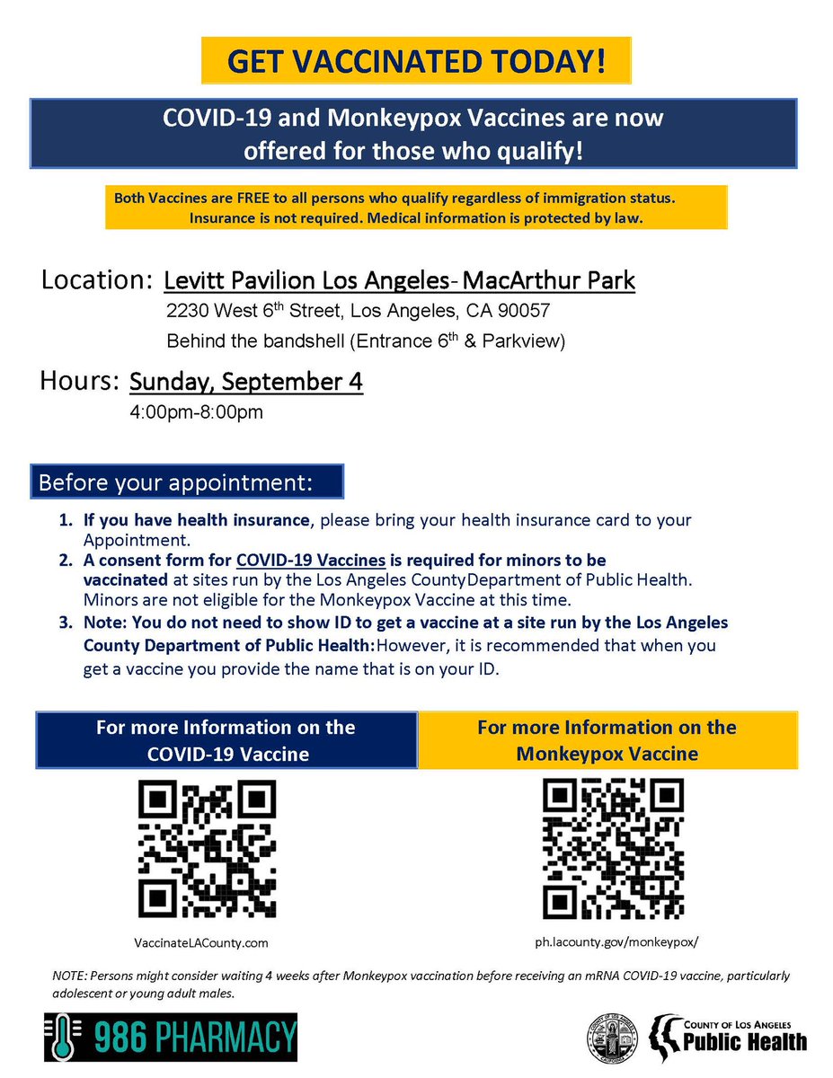 lapublichealth's tweet photo. Levitt Pavilion Los Angeles โ MacArthur Park is hosting a vaccine event on Sunday (9/4) from 4pm-8pm. Theyโll be offering COVID-19 vaccines & monkeypox vaccines for those who are eligible. For more info, visit https://t.co/UVkFi7cEUy & https://t.co/N9FclVeGqs
ย
#levittla https://t.co/Hu4g7vHZZp