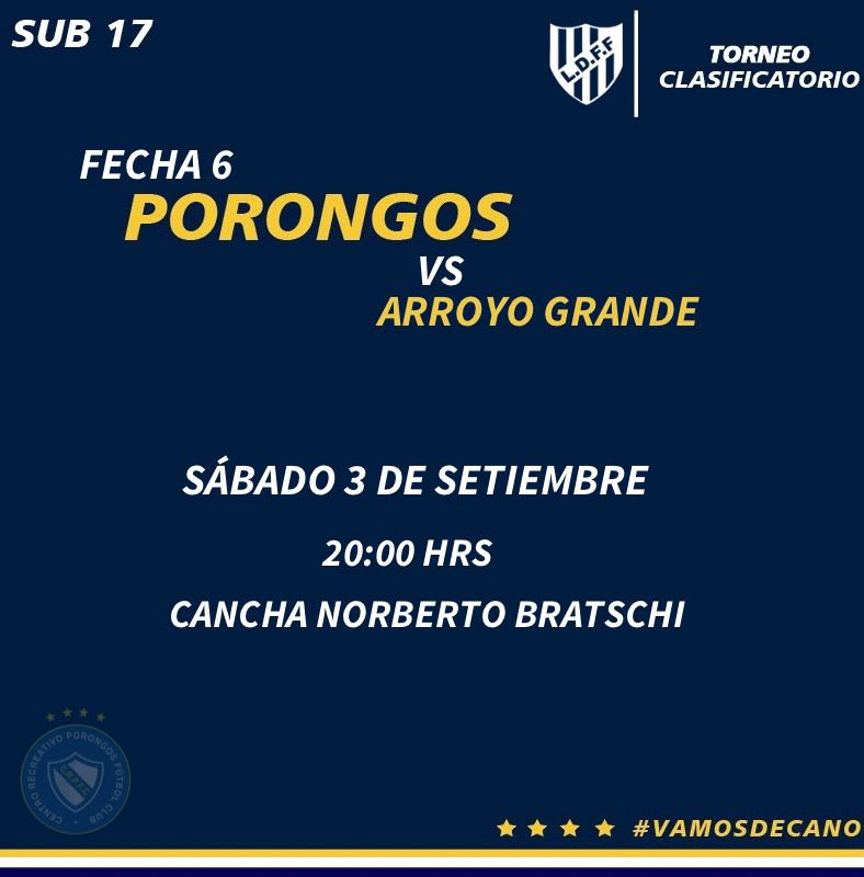 crPORONGOSfc's tweet photo. ⏩ Sub 17 

🏆Campeonato Departamental
🆚 Arroyo Grande.
🗓 Sábado 3 de Setiembre.
🕓 20:00 hrs.
🏟 Cancha Norberto Bratschi.
🔛 Fecha 6 - Torneo Clasificatorio. https://t.co/nZKjxadg41