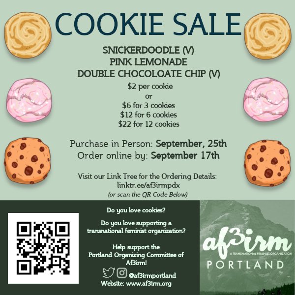 af3irmportland's tweet photo. Want to support transnational feminists and our ongoing organizing in Portland? We’re having a Cookie Sale Fundraiser on Sunday, September 25th! Pre-order for pickup or shipping at our link in bio
#AF3IRM
#transnationalfeminism https://t.co/x35uhOG7K0