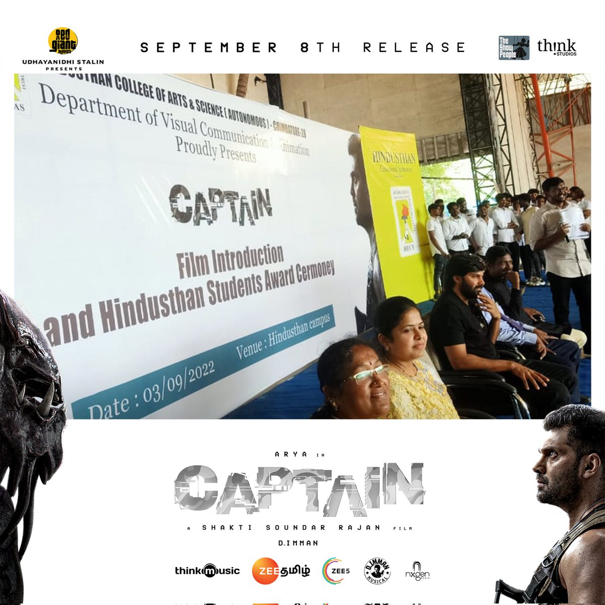 ThinkStudiosInd's tweet photo. Shout outs to the enthusiasm at Hindustan College, Coimbatore for the #CaptainParade. Let's hear more of the cheerπ₯
@arya_offl @ShaktiRajan @SimranbaggaOffc #AishwaryaLekshmi @adithyalive @immancomposer @madhankarky @tkishore555 @thinkmusicindia #TheShowPeople @RedGiantMovies_ https://t.co/cvnIcLzv9W