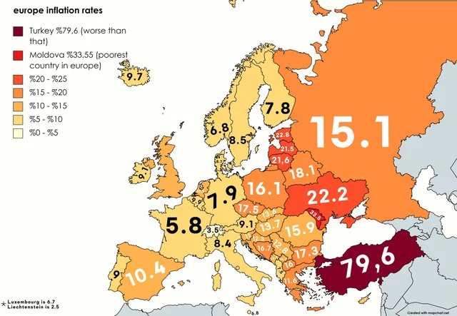 #inflation ➡️ cartographie intéressante de l'hétérogénéité des taux d'inflation en 🇪🇺 y compris espace 💶 ➕ des nombreux pays avec un taux proche ou > à 10% dont 🇬🇧 à 10,1%
// #riskmanagement #risque #taux #monétaire