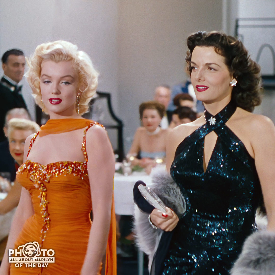 MARILYN MONROE #PhotoOfTheDay — Marilyn & #JaneRussell gain all the attention in the room by just walking in. #GentlemenPreferBlondes #orangedress 💋. 

#MarilynMonroeFans #AllAboutMarilyn #MarilynMonroe #marilynmonroe💋 #Marilyn #MarilynMonroeMoment #VintageHollywood #50s