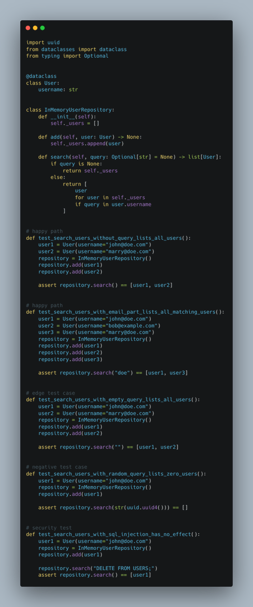 testdrivenio's tweet image. Python clean test tip:
For the most part, the tests you write should cover:
all happy paths
edge/corner/boundary cases
negative test cases
security and illegal issues
👇