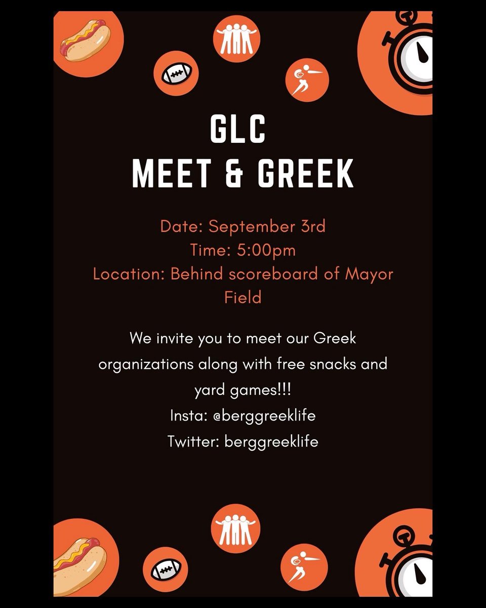 BergGreekLife's tweet photo. Our Greek Groups are SO excited to invite you all to MEET &amp; GREEK! Join us for games, snacks, giveaways, and a raffle for a TV!
5p-7p 
Our drawing will be at 7:15 on our Instagram!!
Don’t miss the fun! https://t.co/B7ven0Rvix
