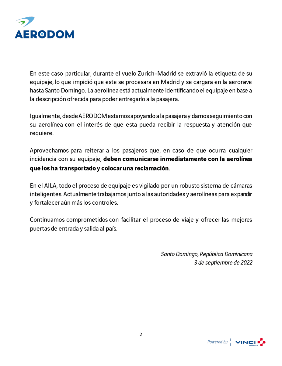 Ante las denuncias en redes sociales de una pasajera que indica que su equipaje fue robado en el #AILA, desde AERODOM deseamos compartir la siguiente información: