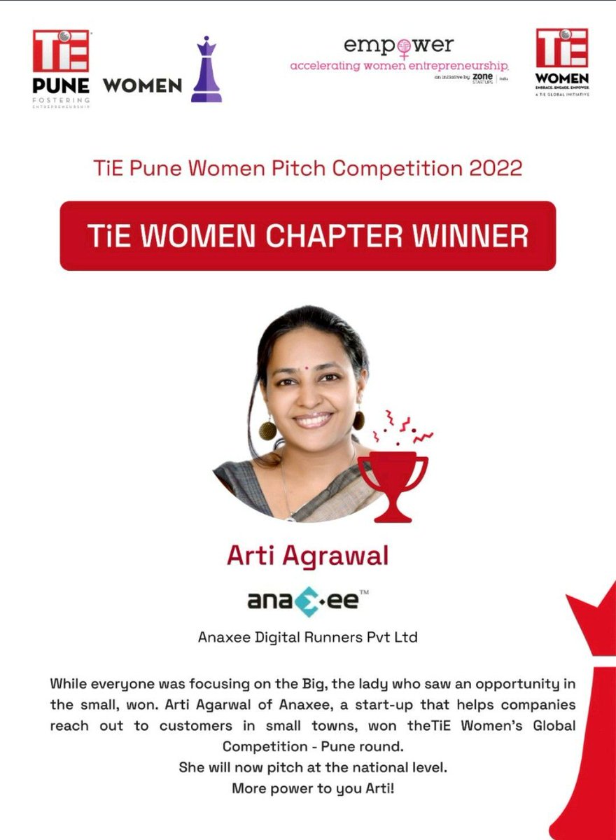 Winner of the #TiE #Women #Pitch #Competition 2022 is none other than our COO, Arti Agrawal Anaxee Digital Runners Private Limited.
Arti Agrawal has #won the TiE Women's Global Competition- Pune round.
She will now pitch at the National Level

#Kudos to our COO, Arti Agrawal..!