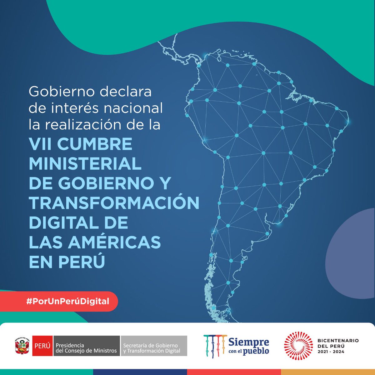 PeruPaisDigital's tweet photo. PorUnPerúDigital | Gobierno declara de interés nacional la realización de la VII Cumbre Ministerial de Gobierno y Transformación Digital de las Américas, a realizarse en la ciudad de Lima el 10 y 11 de noviembre del presente año.🥳 🇵🇪 

Más información 🔗 https://t.co/vVTmRzu6rW https://t.co/59VRje6snO