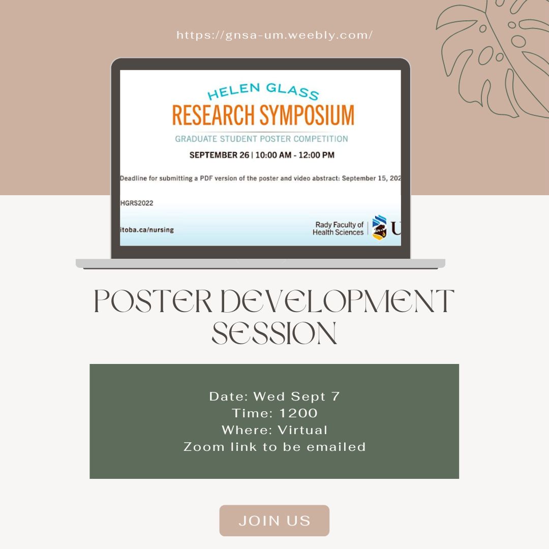 The GNSA has partnered with the MCNHR to provide a poster development session in prep for the Grad Student Research Poster Competition at the Helen Glass Research Symposium! The competition deadline (Sept 15) is fast approaching with the award ceremony at the symposium (Sept 26).