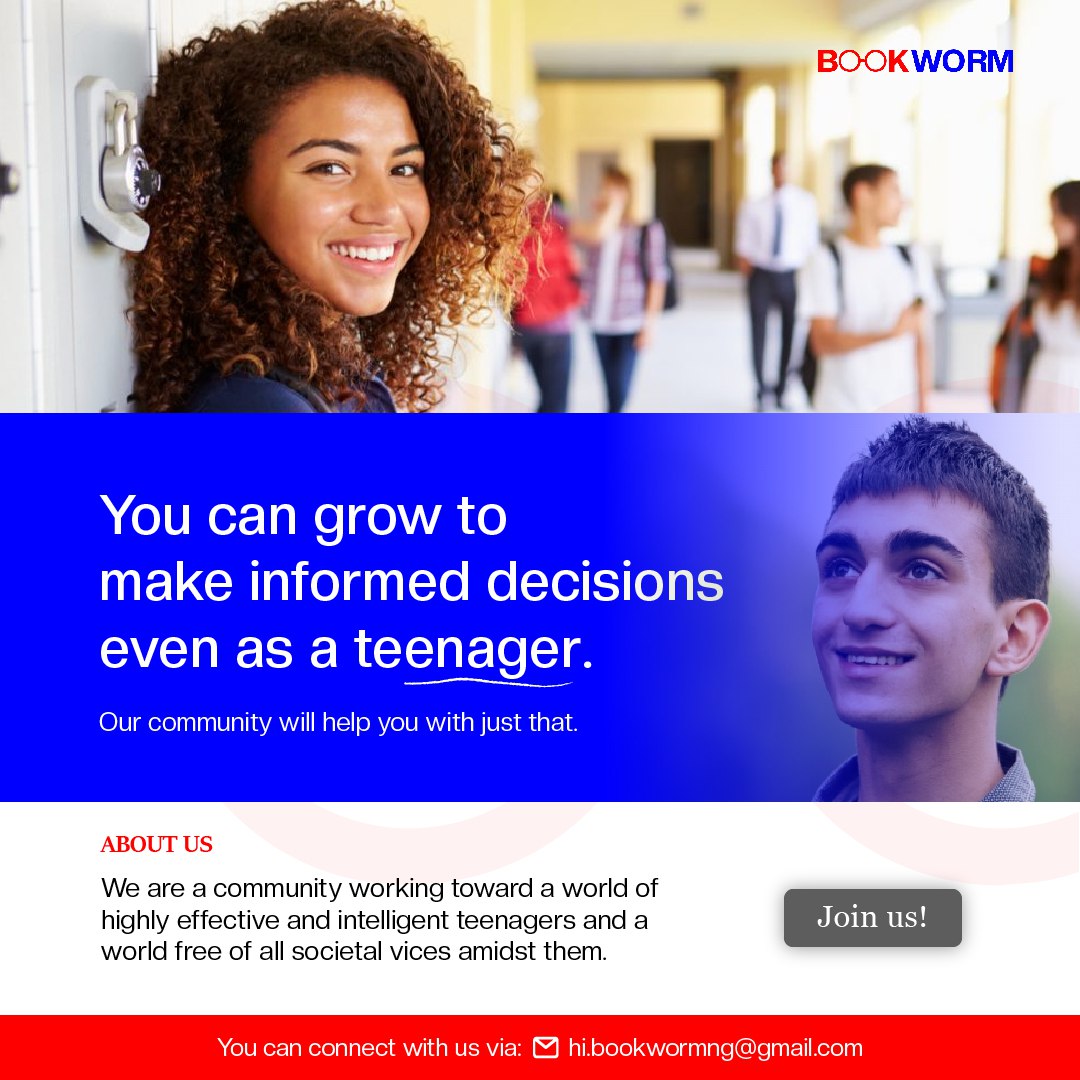 Bookworm4teens's tweet photo. Dear Teen,
We know making life choices is challenging. That is why we have chosen to help you. This stage of life requires proper guidance.
Send us a message today, and you'll be glad you did.
#teenagedevelopment #teens #teenagers #growth #changingnarratives #unicef #childmodel https://t.co/CYfOolTfug