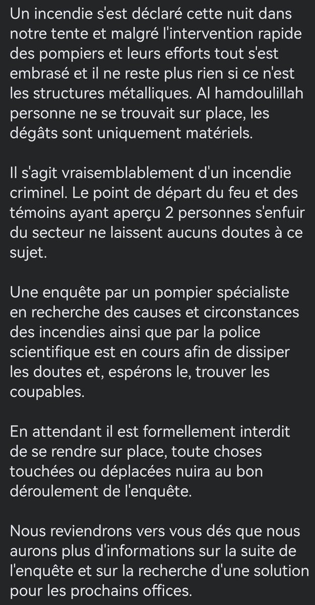 Dans la nuit de vendredi à samedi un incendie à détruit notre mosquée. Dans  l'attente d'une solution de secours nous invitons nos fidèles à prier chez eux.