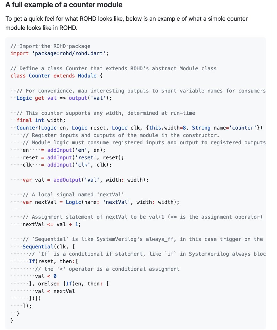 carlosedp's tweet photo. Yesterday got pointed me to a new HDL called #ROHD from Intel. It's based on Dart and they state in comparison to @chisel_lang that it's "more verbose, uglier and less familiar feeling".
#Chisel, a @scala_lang HDL is not only cleaner but also much more elegant. Can't deny it. https://t.co/6rbjneTCCB