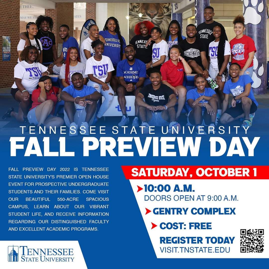Hey Future Tigers! Be sure to register for Fall Preview Day on October 1. IT’S FREEEEEEEEEEE! Come visit the Land of Golden Sunshine and Imagine You at TSU! TENN/10 Highly Recommend! @TSUedu

💙💙🔥

Register Now >> visit.t state.edu 

##TSU27 #TSU28  #TSU29 #TSU30