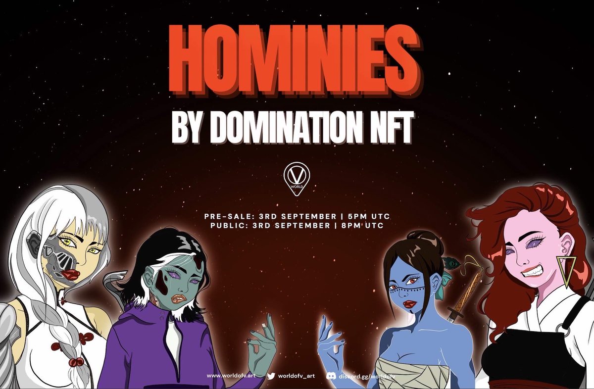 Hello #VeFam 🚨 MINT ALERT 🚨

❓ What --> Hominies by <a href="/DominationArena/">Domination Arena | VeChain P2E</a> 
🗓️ When --> Starting now | Details below 
📍 Where --> <a href="/worldofv_art/">World Of V | Green NFT Marketplace</a>
 
Pre-Sale - 5pm UTC  - 450 VET
Public - 8pm UTC - 650 VET

Mint Page:
hominies.worldofv.art

#VeChain $VET #NFT #mint