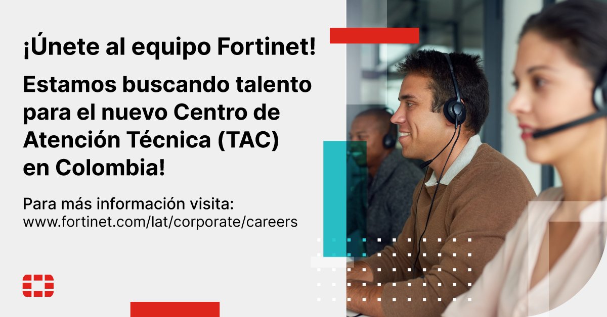 FortinetLATAM's tweet photo. 🇨🇴 Estamos buscando talento para nuestro nuevo Centro de Atención Técnica en Colombia.

¡Únete al equipo de Fortinet! 👩‍💻🧑‍💻

Consulta las vacantes disponibles en tu ciudad aquí 👉 https://t.co/jXXw2cJPEG https://t.co/spDHIrwLDe