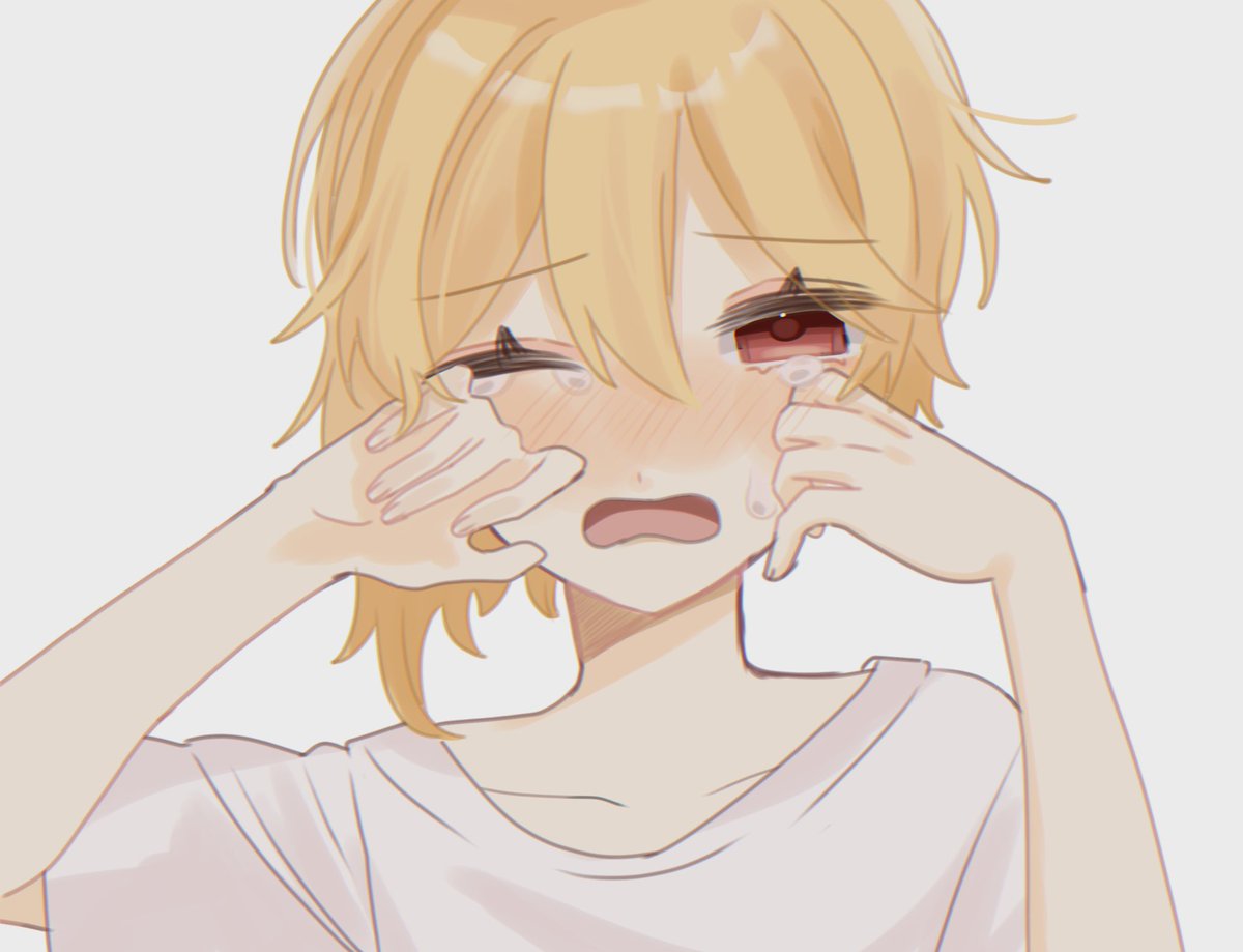 blonde hair red eyes tears solo crying wiping tears one eye closed  illustration images