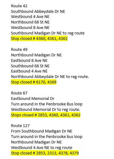 calgarytransit's tweet photo. CTRiders DETOUR #Route42 #Route49 #Route67 #Route127# Sat, Sept 3 until further notice Stop# 4360, 4361, 4362, 6170, 4369, 2853, 2853, 2313, 4378, 4379 are temporarily closed as CPS has closed EB Memorial DR x 68 St SE. Please see attached picture for more detour information. https://t.co/g01ec401SZ