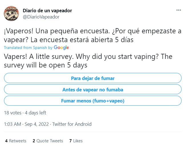 vaper_the's tweet photo. @DiarioVapeador "(I'm not sure the options are translated)"

Nope! Thanks for the translation and the interesting poll. 😀
#IMWTK 🤔 

[ Guess which one I chose. 😉 ] https://t.co/AMtS7JPvdq