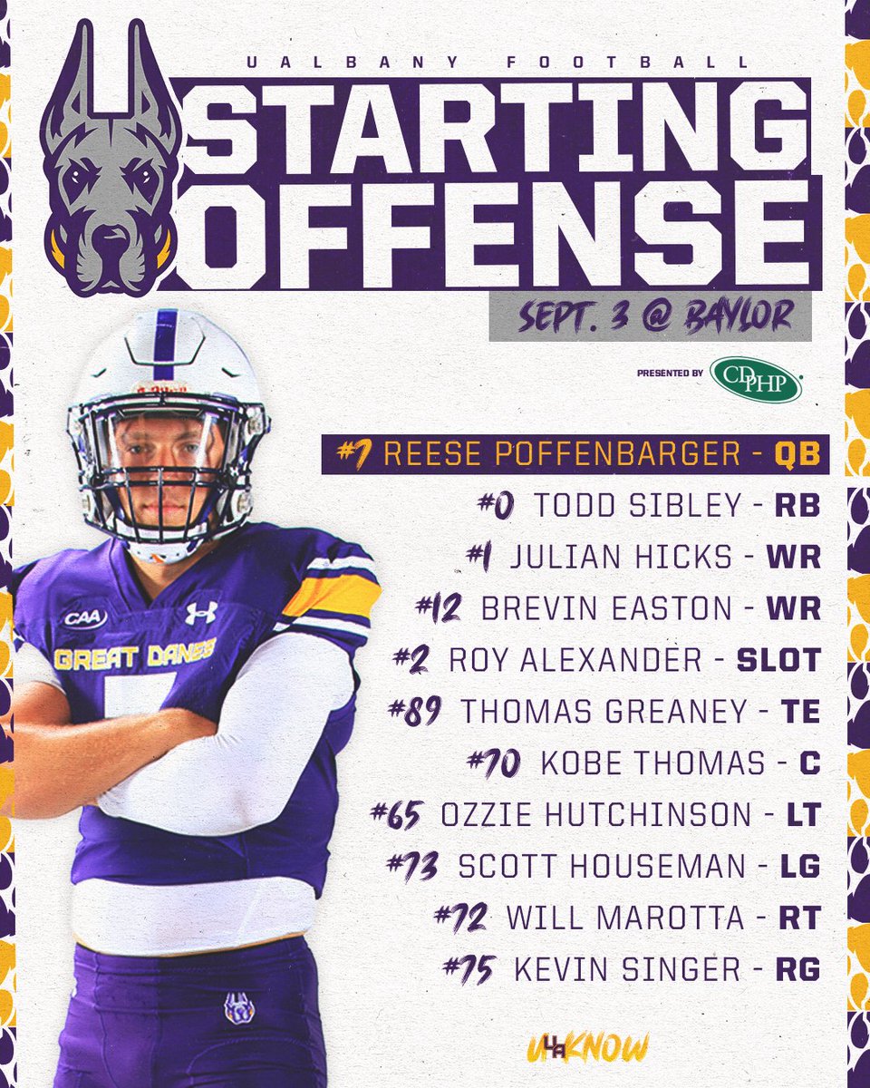 UAlbanyFootball's tweet photo. WE READYYYYYY 🗣️

Today's starters presented by @CDPHP 💪

#UAUKNOW #WinTheDay 🟪🟨 https://t.co/gnGaUqimhN