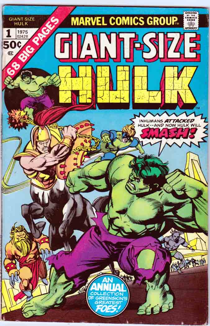 MakeMyComicRare's tweet photo. #GiantSizeHulk #1 (1975) #GilKane and #KlausJanson cover. Script by #GaryFriedrich, Pencils by #MarieSeverin, Inks by #SydShores Black Bolt banishes six rebel Inhumans to the un-place for treason. https://t.co/SdQjzjMBvp