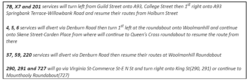 StagecoachBBird's tweet photo. #BBirdServiceUpdate Please be aware that due to road closures around Aberdeen City Centre our services are currently diverting as below until 14:00 hours on Sunday the 4th of September https://t.co/hK6AzWjHLZ