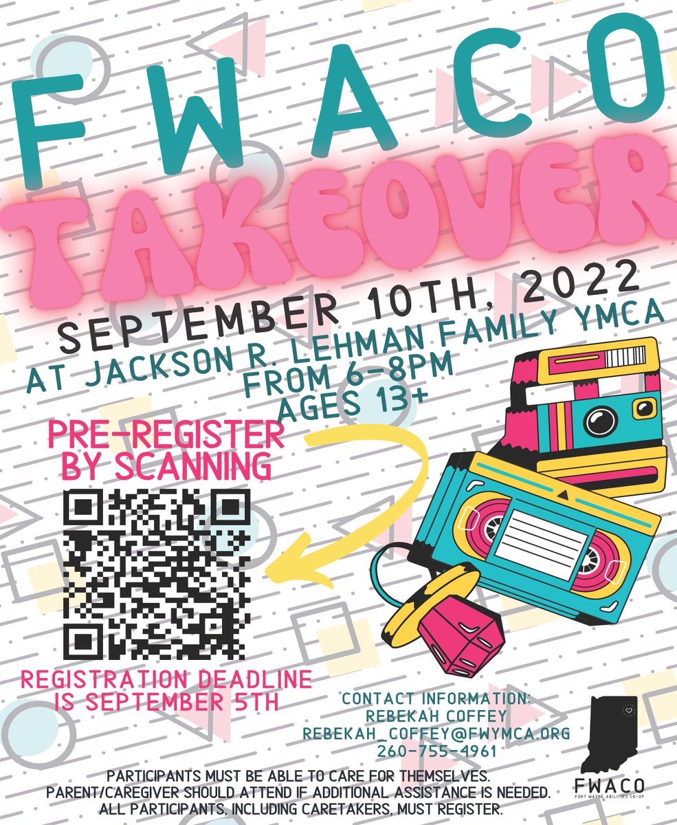 FWACO's Takeover event is on Sept. 10 from 6-8pm for individuals ages 13+ at the Jackson R. Lehman Family YMCA! Register by Sept. 5 to be a part of the fun! For more info, contact Rebekah Coffey at 260-755-4961.

Volunteers are also needed! Sign up here: bit.ly/3pZIv5l