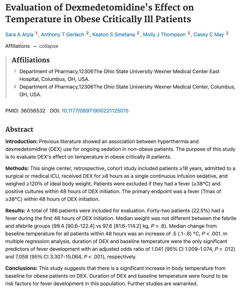 Check out our latest! 'Evaluation of Dexmedetomidine’s Effect on Temperature in Obese Critically Ill Patients' 

Great job team! <a href="/satyia315/">Sara Atyia</a> <a href="/SICUPharmD/">Tony Gerlach</a> <a href="/caseymay/">caseymay</a> 
journals.sagepub.com/doi/10.1177/08…