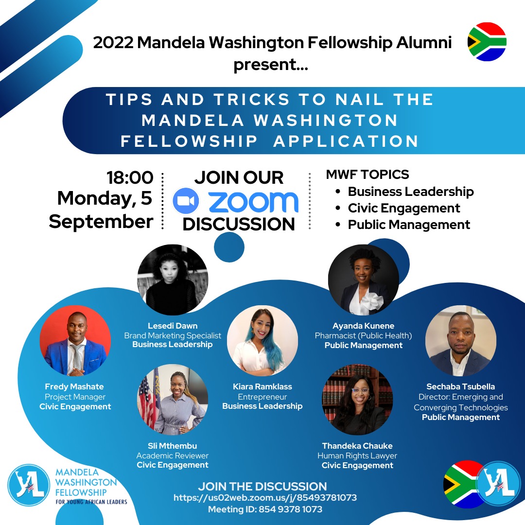 fredymashate's tweet photo. The 2022 Mandela Washington Fellowship Alumni in South Africa are creating a space for you to engage with them on their experiences in completing the MWF application. 

Registration link below:

https://t.co/BKilYCAfvU

Join us!

#YoungAfricanLeaders 
#MWF2023 https://t.co/jkGkSYBEKc