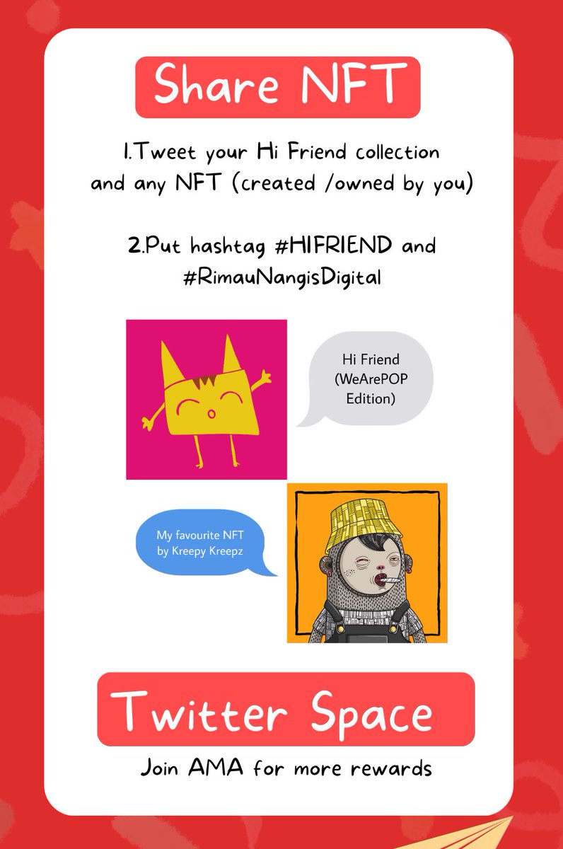Hi Friend Challenge is back!🔥🔥🔥

Challenge #12 
( Task : Share Your NFTs )

1-Tweet your Hi Friend collection and any NFT (created/owned by you)
2.MUST put hashtag #HiFriend #rimaunangisdigital
3. Submit by 8-Sep-22,05.00PM MYT

ENJOY and GOOD LUCK🎉🎉🎉

#NFT #Pentasio