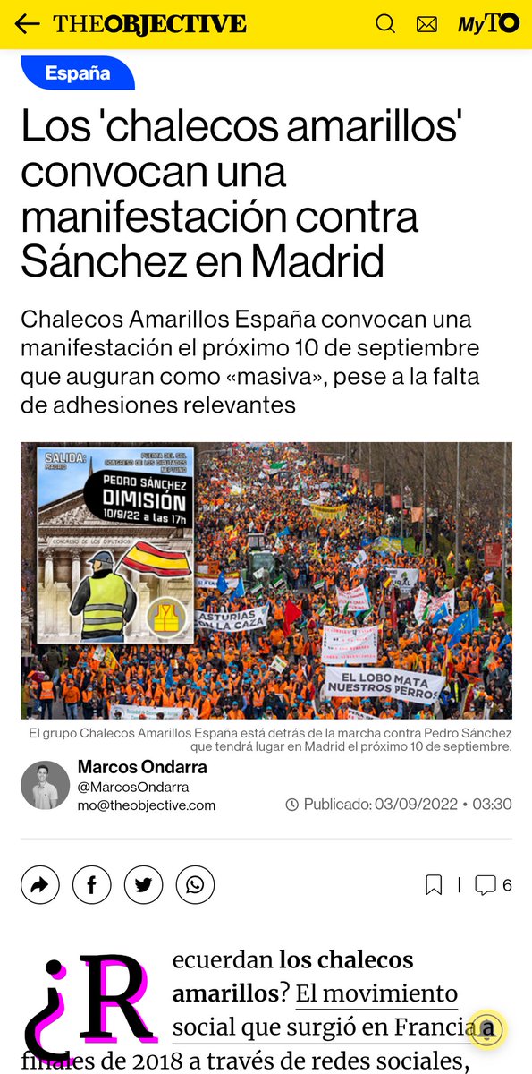 SaraHispania's tweet image. 🗞 @ChalecosEspAm 'Chalecos Amarillos' convocan una manifestación contra Sánchez en Madrid
@TheObjective_es @MarcosOndarra
theobjective.com/espana/2022-09…

🇪🇦 Trabajadores de España manifestándonos contra nefastas políticas y gestión socialcomunistas.
10 S
17 h
Puerta del Sol
Madrid