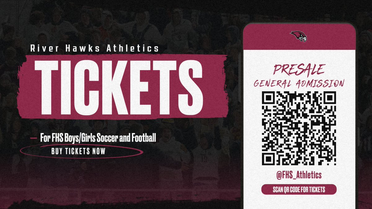Tickets are on sale for FHS Boys/Girls Soccer and Football! Visit gofan.co/app/school/CT1… or scan the QR code on the graphic!

Let's Go River Hawks!!!