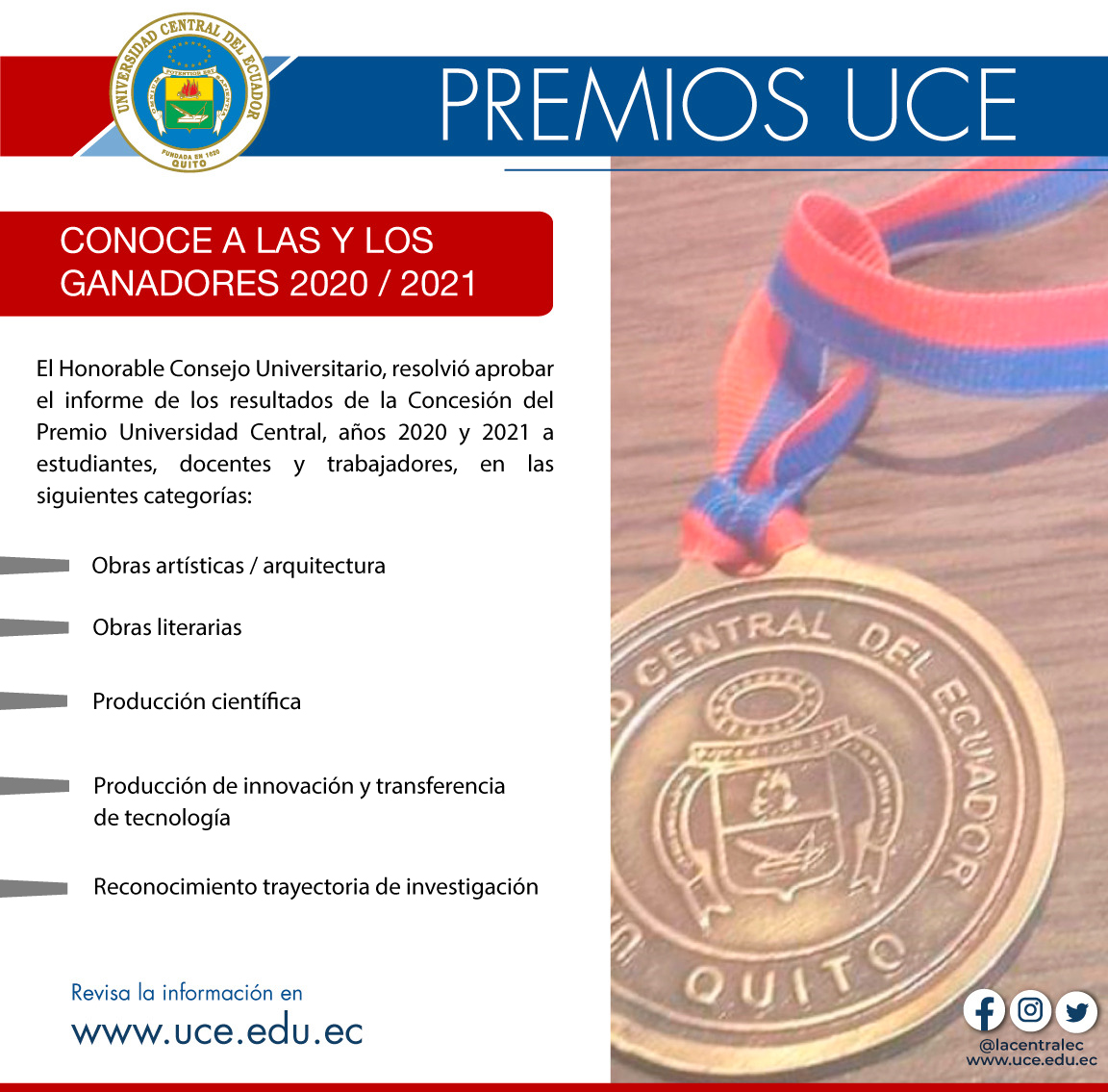 #PREMIOSUCE 2020 / 2021 🏅
Conoce a las y los ganadores de los Premios UCE y de las nuevas categorías. 
Revisa el link: bit.ly/3QiFzLM