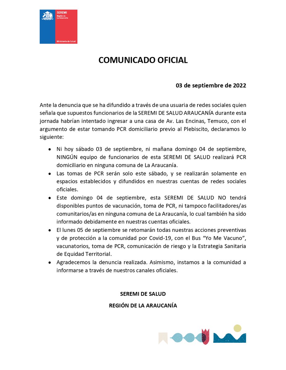 Comunicado Secretaría Regional Ministerial de Salud Región de La Araucanía.