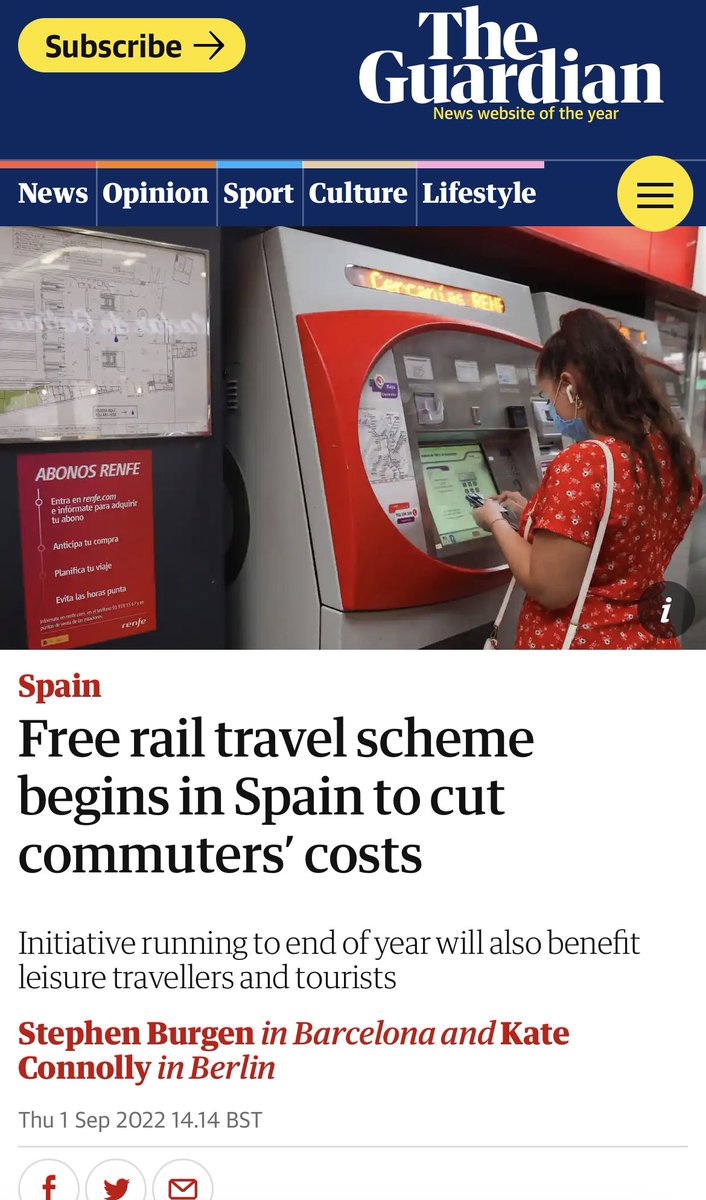 gungbowo's tweet photo. Puji Tuhan! Meski BBM naik, tapi transportasi massal digratiskan. Bener-bener nyata, subsidi BBM langsung dirasakan oleh rakyat Spanyol. https://t.co/LlNfGrt35P