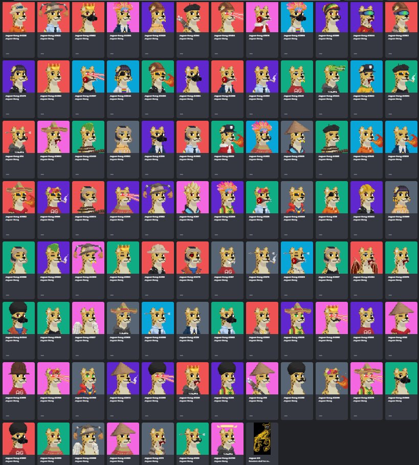 I've just minted my 91 Jaguars, which I won in Gang Wars Season 1 <a href="/ApeGangNFT/">ApeGang.eth</a>!

I am going to fuse most of them very soon.

#weareapegang