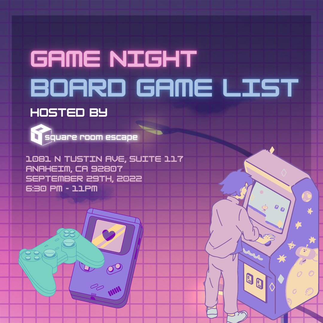 square_escape's tweet image. heres our game list for board game night, available to play from 6:30-11pm!
#ocescaperooms #socalescape #escaperoom #squareroomescape #boardgame #gamenight #videogame #mariokart