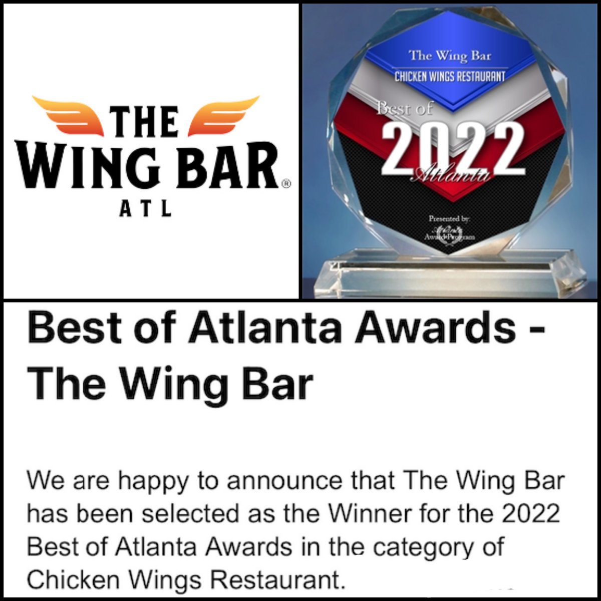 TheWingBarATL's tweet photo. 2022 Best Wings In Atlanta 🏆

We can't do this without YOU 🧡 Thank you to everyone who supports and loves our wings!

#thewingbaratl #eatatthewingbar #bestofatlanta #bestinatlanta  #Atlanta #ATL https://t.co/RwCci9QwR0