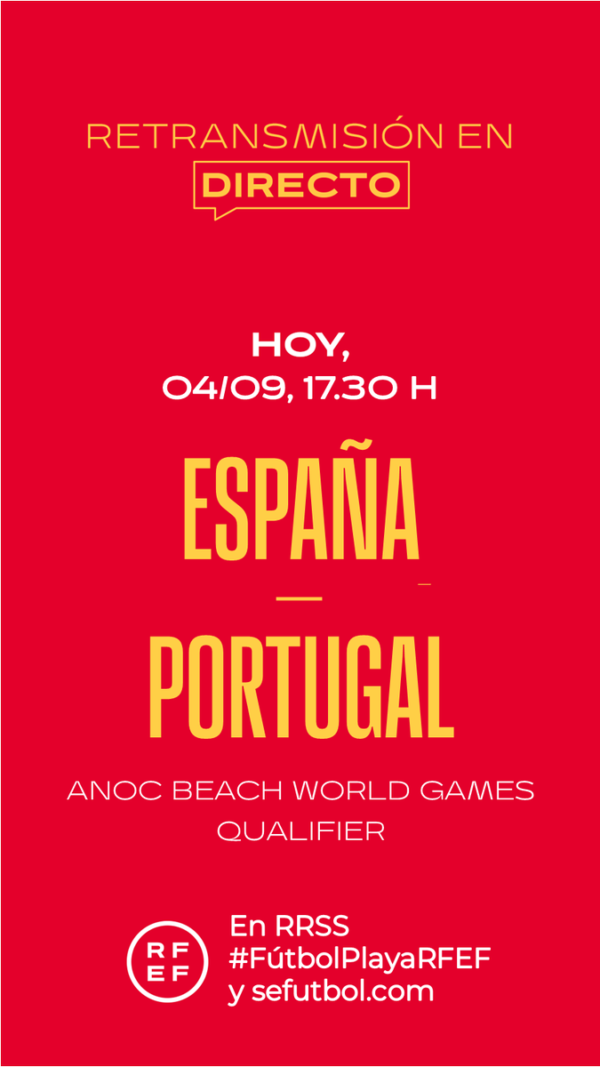📝 Organiza bien tu agenda del domingo, porque va a ser

💥 ¡¡UN GRAN DÍA!! 💥

⏰️ 13:30 🥉
⚽️ <a href="/SEFutbolFem/">Selección Española Femenina de Fútbol</a> 🇪🇸 🆚️ 🇮🇹 Italia

⏰️ 17:30 🥇
⚽️ <a href="/SEFutbol/">Selección Española Masculina de Fútbol</a> 🇪🇸 🆚️ 🇵🇹 Portugal

🖥 EN DIRECTO en sefutbol.com

#FútbolPlayaRFEF ⚽️🏖
