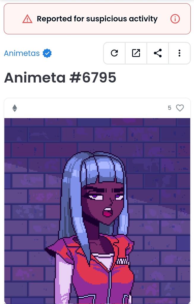 Since <a href="/opensea/">OpenSea</a> flagged this <a href="/Animetas1/">Animetas</a> inmate for "Suspicious Activity" let's have some fun with it.

What "suspicious activity" landed this Animeta in prison?

Comment below and I'll pick my favorite response to receive a small prize lol