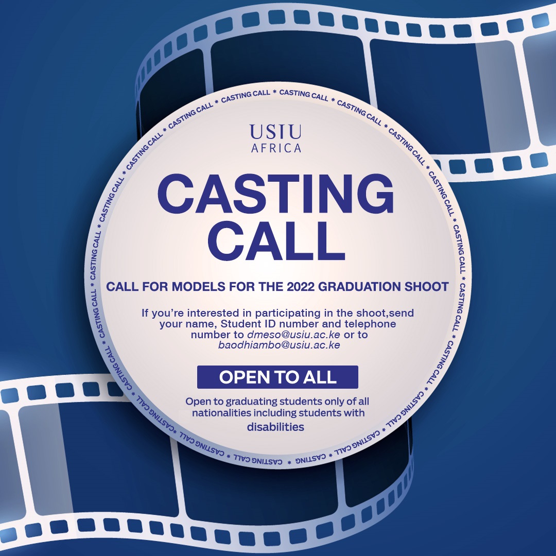 ExperienceUSIU's tweet photo. CASTING CALL REMINDER!
For models for the 2022 Graduation🎓shoot. Open to graduating students ONLY!
If interested, email your details (Name, Student ID No., and Phone No.) to:
* Diana - dmeso@usiu.ac.ke
* Brenda - baodhiambo@usiu.ac.ke
#WeGetYouThere https://t.co/ZaEJiXwVS1