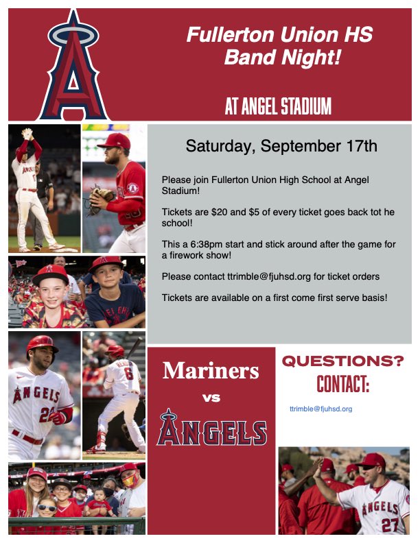 FUHS Inst. Music (@fuhsinstmusic) on Twitter photo Angels Band Night is coming up! Get your tickets ordered via your local band member ASAP. Orders are due on September 6! We will be performing the national anthem as part of a mass band during pregame and Mr. Trimble will be conducting! #bandlife #marchingband <a href="/Angels/">Los Angeles Angels</a> <a href="/fjuhsd/">Fullerton Joint Union High School District</a> Angels Band Night is coming up! Get your tickets ordered via your local band member ASAP. Orders are due on September 6! We will be performing the national anthem as part of a mass band during pregame and Mr. Trimble will be conducting! #bandlife #marchingband <a href="/Angels/">Los Angeles Angels</a> <a href="/fjuhsd/">Fullerton Joint Union High School District</a>